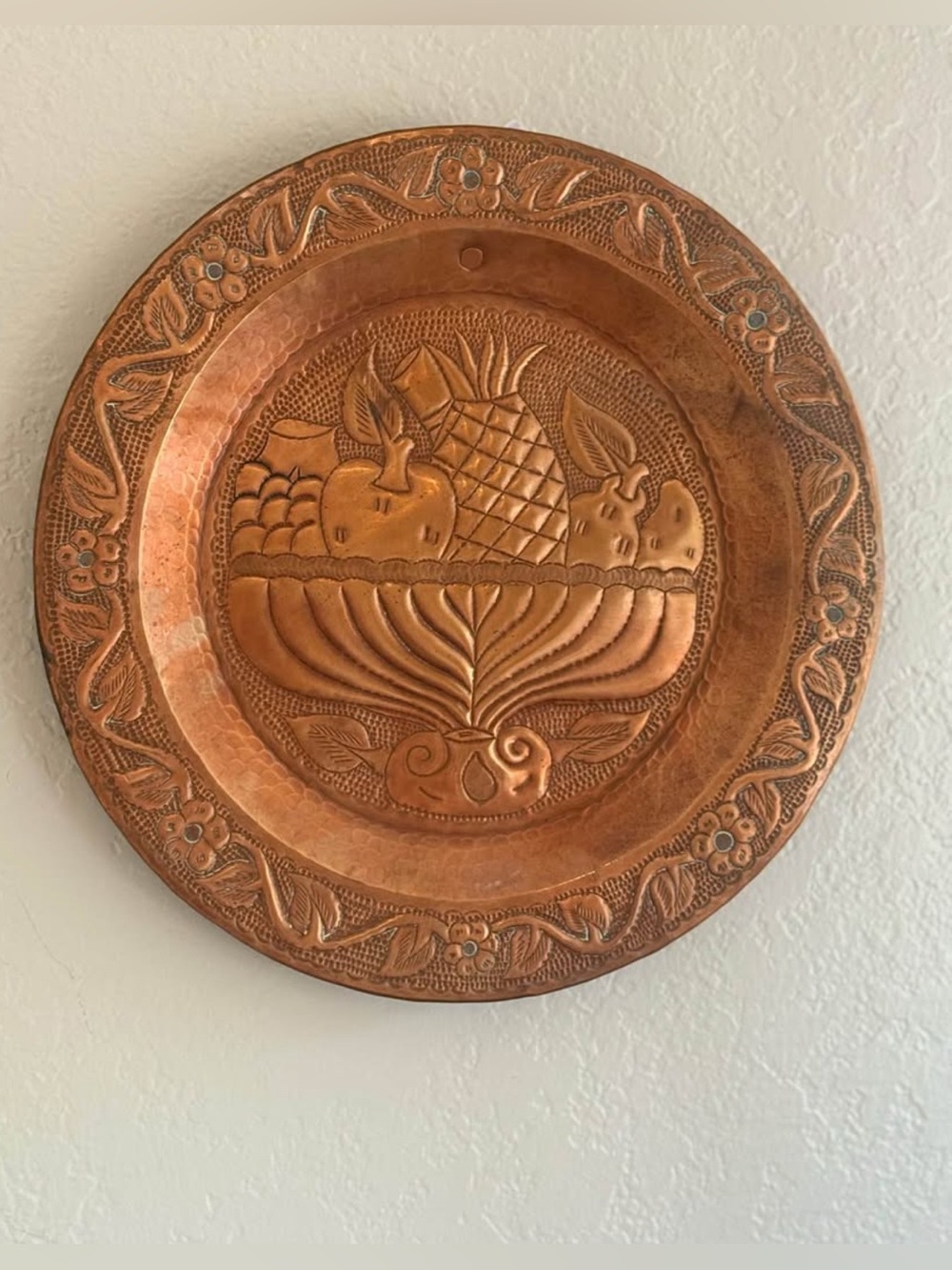 Vintage Hand-Hammered Copper Wall Plate with Fruit Bowl Motif